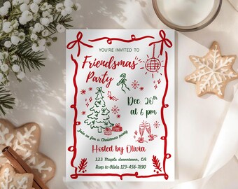 Friendsmas Christmas Party Invitation Template Whimsical Hand Drawn Festive Cocktail Xmas Holiday Invite, Cocktail Party, Friendsmas Invite