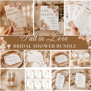 May include: A bridal shower stationery bundle featuring a Fall in Love theme with floral and pumpkin illustrations. The set includes invitations, welcome signs, game cards, recipe cards, thank you tags, and signage, all printed with elegant serif typography.