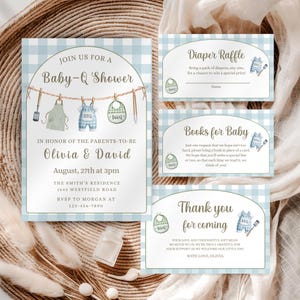 May include: A set of Baby-Q shower stationery featuring a light blue gingham pattern. The invitation includes a clothesline graphic with a spatula, apron, baby overalls, and bib. Additional cards include a diaper raffle, books for baby, and thank you note, all with matching illustrations and text.