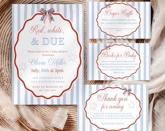 Paquete de invitaciones para baby shower "Red White and Due" con temática del 4 de julio, tarjeta de agradecimiento y libros para la rifa de pañales #BL102