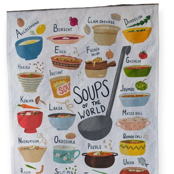 Alphabet Soups of the World Designer Tea Towel, 100% Linen Cotton, lint-free Dishtowel, Kitchen towel