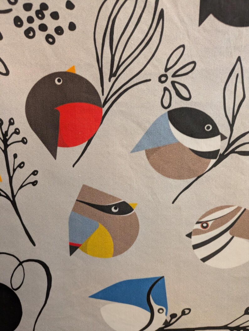 May include: A gray background with a stylized illustration of birds. The birds are drawn in a geometric style with different colors and patterns. The birds are surrounded by black and white floral designs.