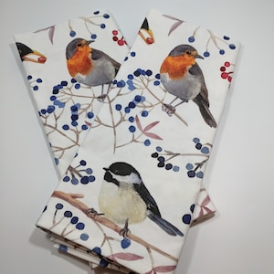 Torchon oiseaux en hiver : décoration de cuisine en lin et coton