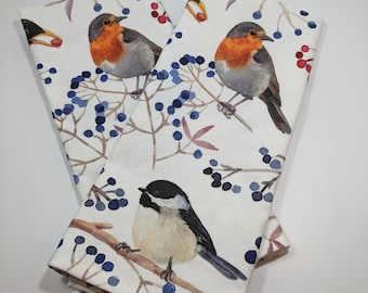 Winter Birds Designer Tea Towel, 100% Linen Cotton, lint-free Dishtowel, Kitchen towel