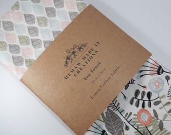 Tea Towel Linen Cotton, Dishtowel, Kitchen towel, Pink Botanical border print