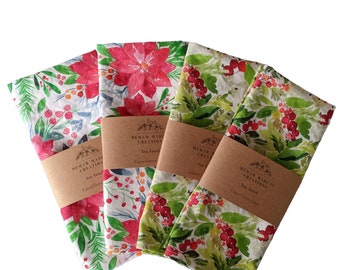 Floral Holiday Tea Towels, 100% Linen Cotton, Dishtowel, Kitchen towel
