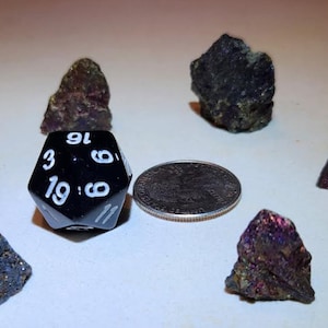 May include: A collection of iridescent pyrite rocks, a black twenty-sided die, and a US quarter. The rocks display a metallic sheen with colors of purple, gold, and blue. The die has white numbers and a silver edge.