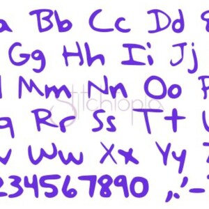 May include: Purple handwritten alphabet letters, numbers, and punctuation marks on a white background. The letters are in uppercase and lowercase, with numbers 0-9 and punctuation marks including a comma, apostrophe, hyphen, question mark, and exclamation point.