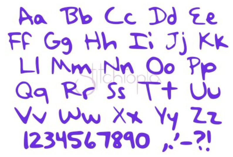 May include: Purple handwritten alphabet letters, numbers, and punctuation marks on a white background. The letters are in uppercase and lowercase, with numbers 0-9 and punctuation marks including a comma, apostrophe, hyphen, question mark, and exclamation point.