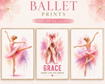 Ballet Wall Art Set of 3 – Pink Watercolour Ballerina Prints – Girls Bedroom Decor – Dance Nursery Posters