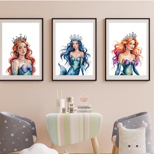 Mermaid Princess Wall Art – Set of 3 Prints | Nursery Decor for Girls | Ocean Theme Nursery Prints