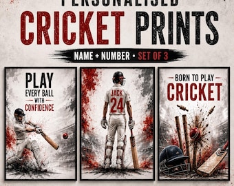 Personalised Cricket Prints Set | Watercolour Stadium Art, Custom Name Number Poster
