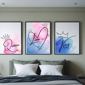 Stampe artistiche ad acquerello di Re e Regina: decorazioni romantiche per la camera da letto