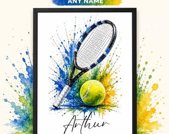 Personalised Tennis Racket Print | Watercolour Splash Sports Art Poster