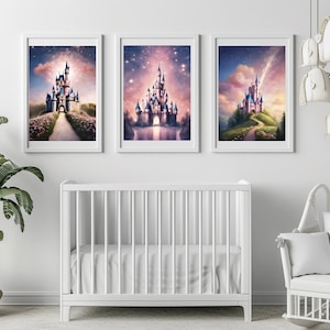 3 impresiones de arte de pared de princesas Castle A4 para guardería, decoración del hogar, regalo para sus hijos, arte sin marco, arte de pared para dormitorio de niñas