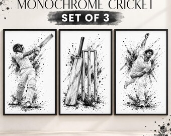 Monochrome Cricket Prints Set of 3 – Black and White Cricket Wall Art – Boys Bedroom Decor – Cricket Gift – Physical Prints