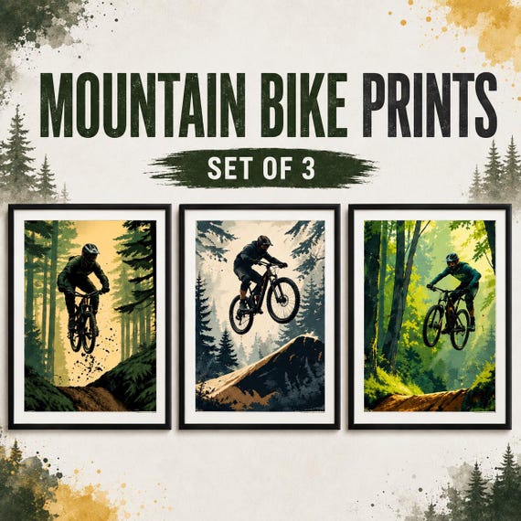 Mountain Bike Prints Set of 3 – MTB Wall Art – Cycling Gift for Boys – Mountain Biking Bedroom Decor