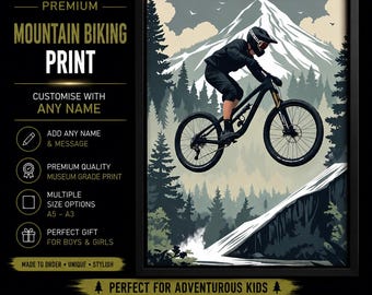 Personalised Mountain Biking Print | Custom MTB Wall Art Gift for Boys | Downhill Bike Bedroom Decor | Adventure Cycling Poster