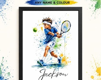 Personalised Boys Tennis Print – Custom Name Watercolour Wall Art – Tennis Gift for Boys – Sports Bedroom Decor