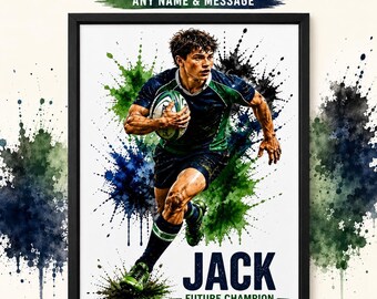 Personalised Rugby Print – Custom Name & Message Wall Art – Rugby Player Gift for Boys – Sports Bedroom Poster