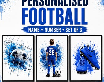 Personalised Football Prints Set of 3 – Custom Name and Number – Boys Bedroom Wall Art