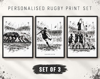 Ensemble de 3 affiches de rugby personnalisées – Décoration murale monochrome sur le thème du rugby – Décoration de chambre sur le thème du rugby – Cadeau pour joueur de rugby