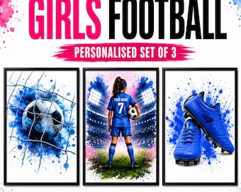Personalised Girls Football Print Set | Watercolour Sports Wall Art (Set of 3)