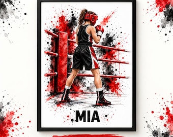Personalised Girls Boxing Print – Female Boxer Wall Art – Boxing Gift for Girls – Custom Name Sports Poster