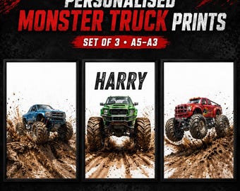 Personalised Monster Truck Prints Set of 3 – Custom Name Boys Bedroom Wall Art – A5 A4 A3