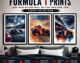 Juego de 3 láminas de coches de Fórmula 1 / Arte mural de automovilismo, decoración para dormitorio infantil