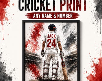 Personalised Cricket Print | Custom Name, Number, Colour | Watercolour Stadium Art