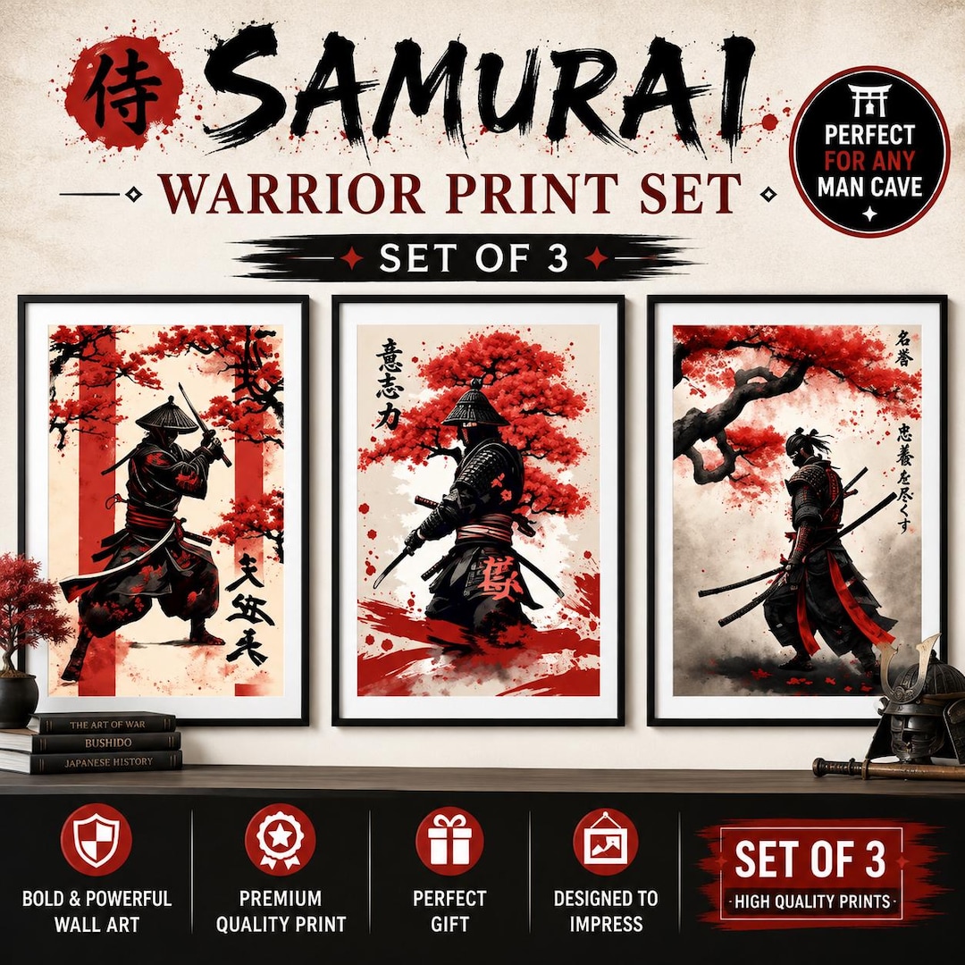 Samurai Warrior Japanese Prints – Red Black Fine Art Set - Etsy