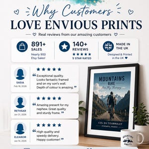 Puede incluir: Una infograf&iacute;a para Envious Prints con rese&ntilde;as de clientes, estad&iacute;sticas de ventas y un p&oacute;ster de ciclismo de monta&ntilde;a enmarcado titulado Mountains Bike Are My Therapy Col Du Tourmalet Pyrenees France junto a una taza blanca con el texto Adventure Awaits.