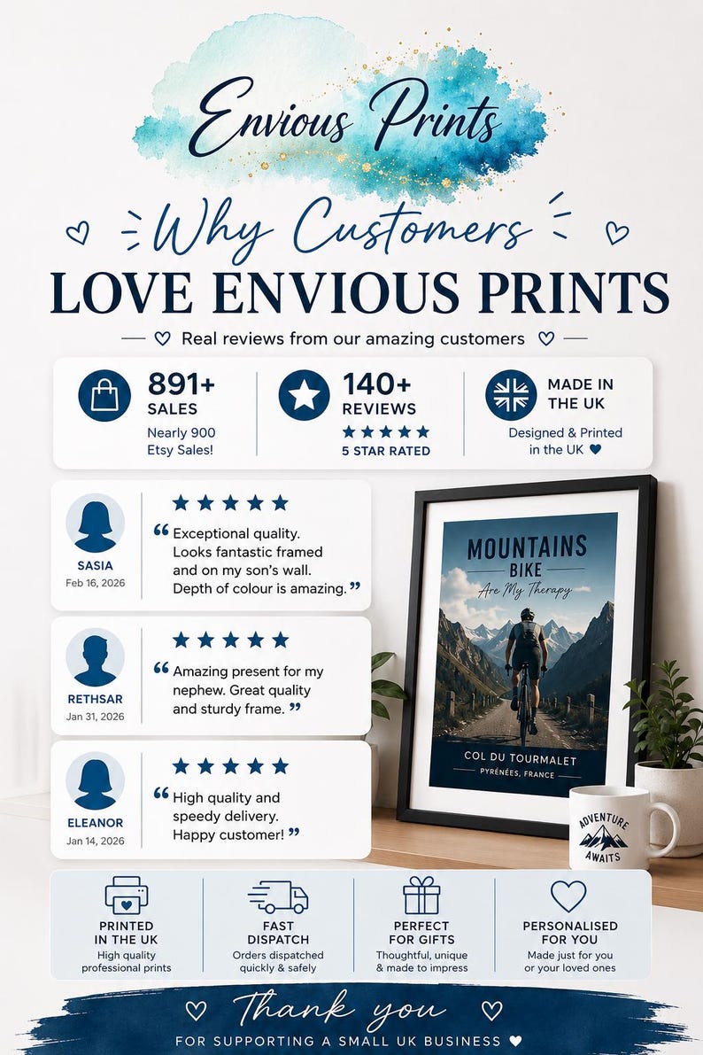 Puede incluir: Una infograf&iacute;a para Envious Prints con rese&ntilde;as de clientes, estad&iacute;sticas de ventas y un p&oacute;ster de ciclismo de monta&ntilde;a enmarcado titulado Mountains Bike Are My Therapy Col Du Tourmalet Pyrenees France junto a una taza blanca con el texto Adventure Awaits.