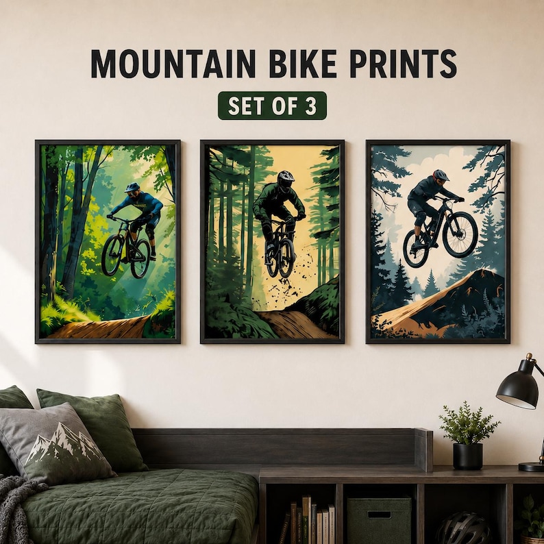 Puede incluir: Un conjunto de tres l&aacute;minas de pared enmarcadas tituladas MOUNTAIN BIKE PRINTS SET OF 3. Cada l&aacute;mina muestra a un ciclista con casco y equipo montando una bicicleta de monta&ntilde;a a trav&eacute;s de un paisaje forestal con &aacute;rboles y senderos de tierra.