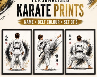 Personalised Karate Print Set | Martial Arts Wall Art, Custom Name, Any Belt Colour
