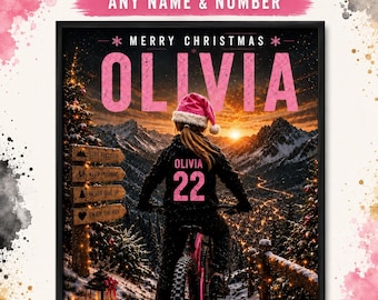 Personalised Mountain Bike Christmas Print – Custom Name & Number MTB Wall Art – Mountain Biking Gift for Girls – Christmas Gift