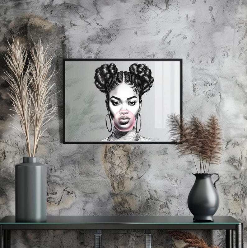 Bubblegum Fashion Glamour Women Sketched Print Bedroom Wall Art, Home