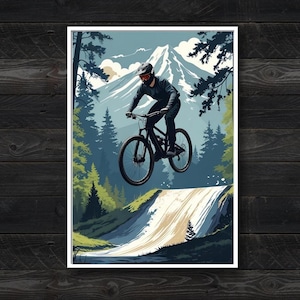 Puede incluir: Un p&oacute;ster vertical que muestra a un ciclista de monta&ntilde;a en el aire, saltando desde una rampa de tierra. El ciclista lleva casco y ropa oscura. El fondo muestra un gran pico nevado, densos &aacute;rboles de hoja perenne y un cielo despejado.