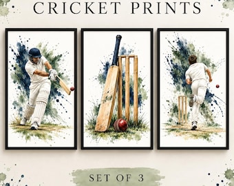 Cricket Prints Set of 3 – Watercolour Cricket Wall Art – Boys Bedroom Decor – Cricket Gift