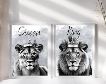 KING & QUEEN A4 Wall Art lions and lioness print gift wall art home decor crowned Mr and Mrs wedding gift idea, gift for her housewarming