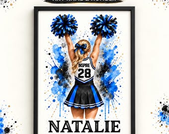 Personalised Cheerleader Print – Custom Name & Number Watercolour Art (Physical Print)