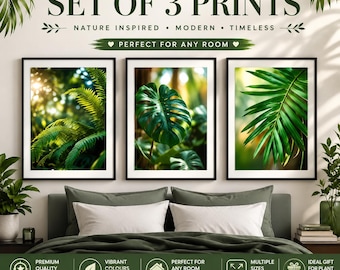 Botanical Leaf Wall Art Set | Green Tropical Plant Prints, Nature Decor