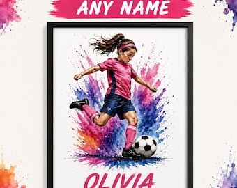 Personalised Girls Football Print – Custom Name & Kit Colour – Girls Bedroom Wall Art Gift