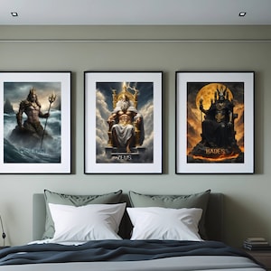 Greek Gods Wall Art Prints – Poseidon, Zeus & Hades Mythology Decor, Gift for Him, Housewarming or Bedroom Art, Ancient Greece Poster