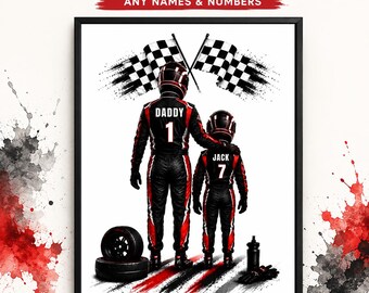 Personalised Dad and Son Racing Print – Custom Names & Numbers Motorsport Wall Art – Racing Gift for Dad – Boys Bedroom Decor