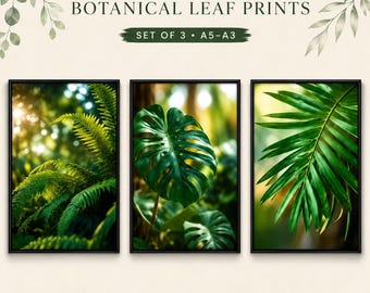 Botanical Leaf Wall Art Set | Green Tropical Plant Prints, Nature Decor