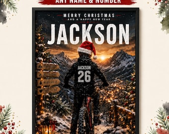 Personalised Mountain Bike Christmas Print – Custom Name & Number MTB Wall Art – Mountain Biking Gift for Boys – Christmas Gift