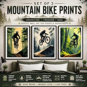Puede incluir: Un conjunto de tres l&aacute;minas de pared enmarcadas que muestran ciclistas de monta&ntilde;a en paisajes forestales. El texto dice SET OF 3 MOUNTAIN BIKE PRINTS, ADVENTURE FREEDOM RIDE, PERFECT WALL ART FOR RIDERS & ADVENTURERS, RIDE MORE WORRY LESS LIVE FREE.