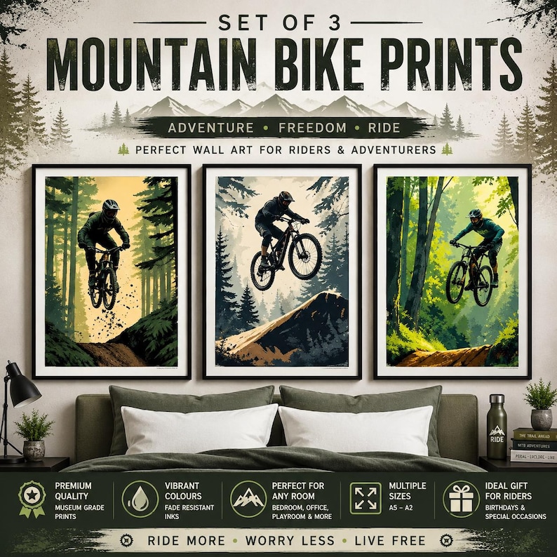 Puede incluir: Un conjunto de tres l&aacute;minas de pared enmarcadas que muestran ciclistas de monta&ntilde;a en paisajes forestales. El texto dice SET OF 3 MOUNTAIN BIKE PRINTS, ADVENTURE FREEDOM RIDE, PERFECT WALL ART FOR RIDERS & ADVENTURERS, RIDE MORE WORRY LESS LIVE FREE.